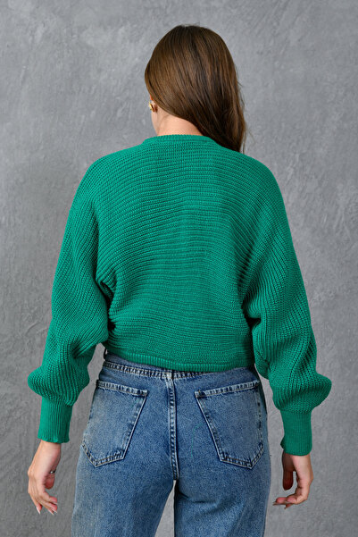 bayansepeti Knitwear Balloon Sleeve Detailed Green Crop Cardigan 0149