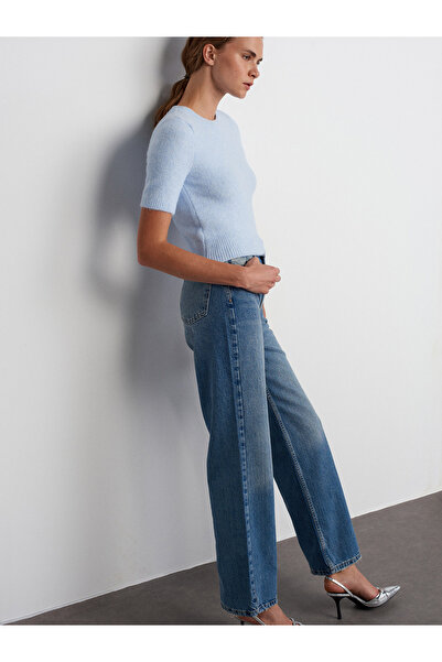 Dilvin 10651 Pulover de tricotaj cu mânecă scurtă, cu textura moale, decolteu, albastru