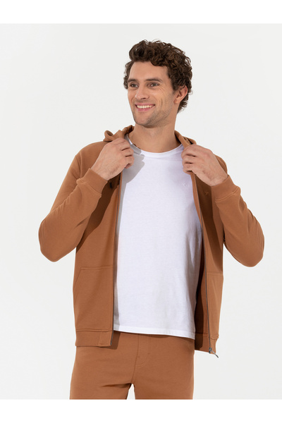 Cacharel Camel %100 Pamuk Tam Fermuarlı Kapüşonlu Sweatshirt 50257177-VR015