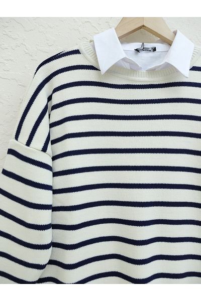 Modamorfo Crew Neck Side Striped Knitwear Tunic -Cream