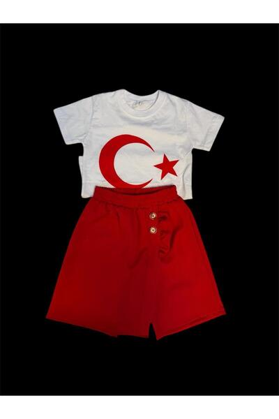 Kuraff Giyim طقم تي شيرت قصير الأكمام مطبوع عليه Ayyildiz للجنسين مع شورت أحمر