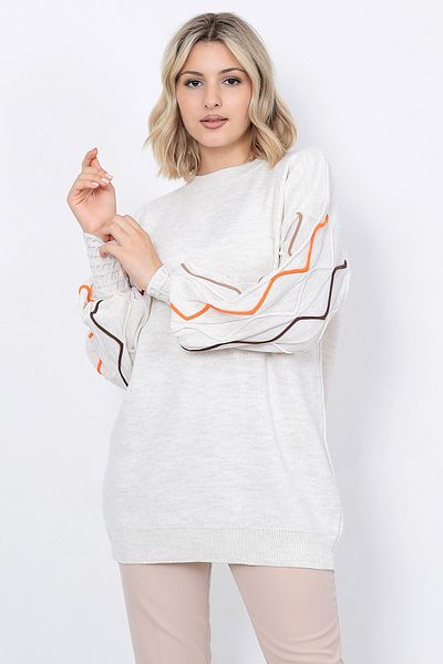 LUGMO Stone Colored Striped Women's Knitwear Sweater Sleeve
