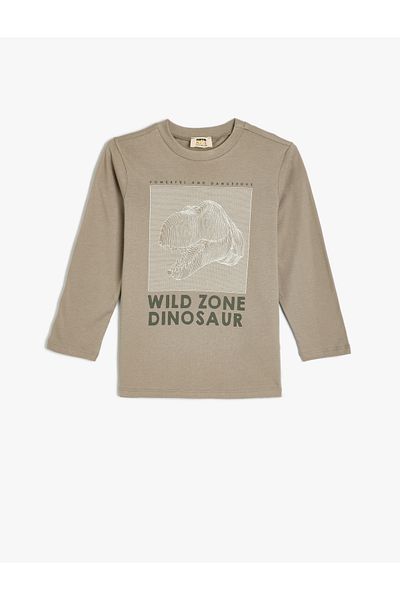 Koton Tricou cu mânecă lungă din bumbac imprimat cu dinozauri - Decolteu