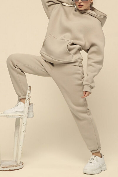 ruNadeS Γυναικείο σετ φόρμας με 3 νήματα χαλαρή εφαρμογή με ελαστικά πόδια καγκουρό τσέπη - Casual