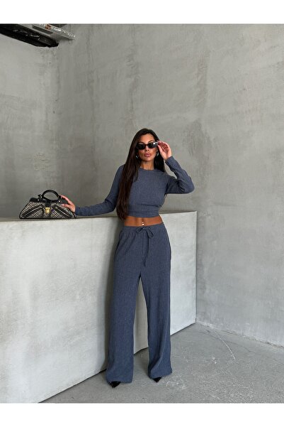 Ekim Store Crew Neck Gathered Blouse Trousers Set