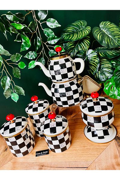 CASA DE BELLA Enamel Checkerboard Patterned 5 Piece Tea/Treat Set