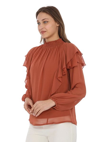 lodmela Μπλούζα Tan Chiffon - Shoulder Ruffles and Guiped, Model 6001