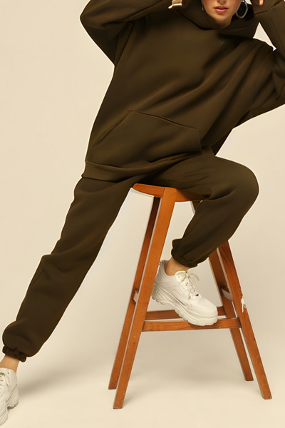 ruNadeS Γυναικείο σετ φόρμας με 3 νήματα χαλαρή εφαρμογή με ελαστικά πόδια καγκουρό τσέπη - Casual