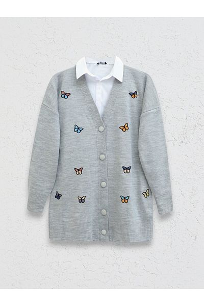 Modamorfo Sweter z dzianiny z haftem motyli - szary