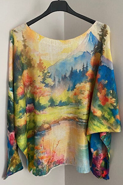 AYASOFYA OTANTIK Pulover bluză mercerizată cu mânecă lungă cu imprimeu pastor...