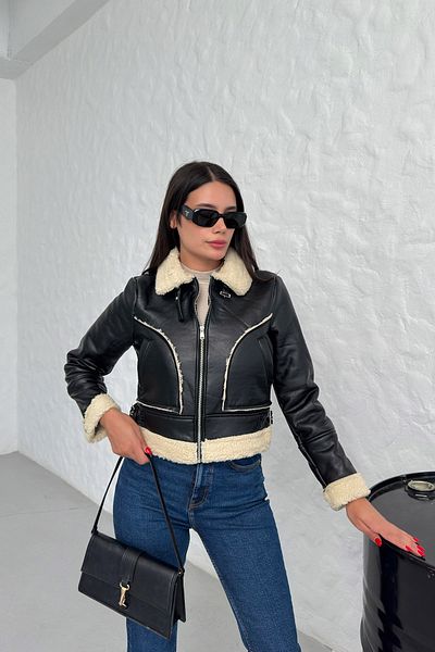 LACHT Df Women's Black Fur Lined Leather Coat