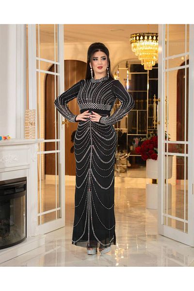 S&A Collectionn Rochie de seară lungă din tul cu guler în picioare, cu mânecă lungă, complet cu pietre