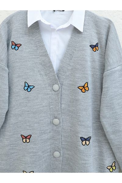 Modamorfo Sweter z dzianiny z haftem motyli - szary