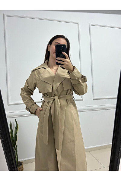 TUĞÇE ŞEN BUTİK Beli kuşaklı ara boy trençkot