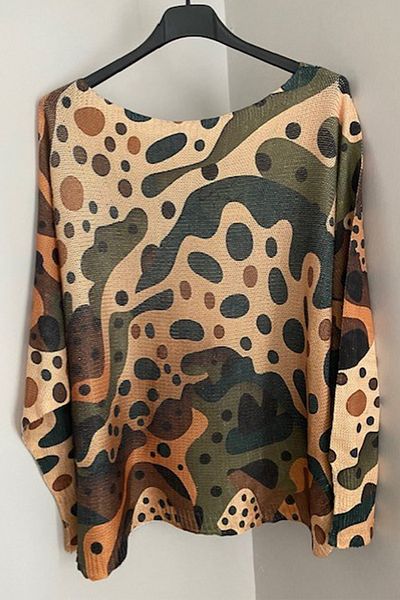 AYASOFYA OTANTIK Khaki Green Glittery Tie-Dye Patterned Long Sleeve Mercerized Women's Blouse Sweater