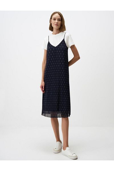 Jimmy Key Navy Blue Strap V-Neck Print Mesh Midi Dress
