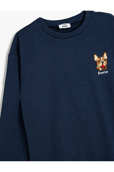 Koton Sweatshirt Köpek İşlemeli Bisiklet Yaka Uzun Kollu