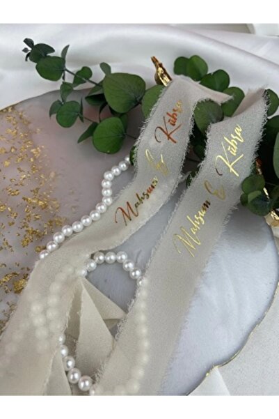 İsabella Accessories Dökülen incili ipek Beyaz Söz Nişan Kurdelesi Kişiye Özel Yüzük Kurdelesi Şık Tasarım Söz Kurdelesi