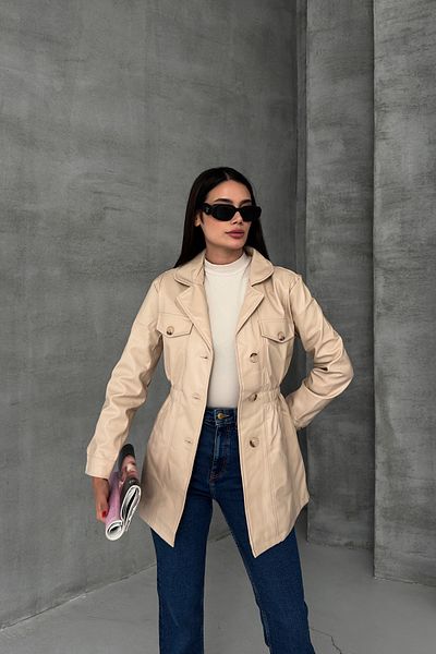 LACHT Df Women's Beige Elastic Waist Buttoned Leather Trench Coat