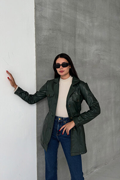 LACHT DF Kadın Yeşil Beli Lastikli Düğmeli Deri Trençkot