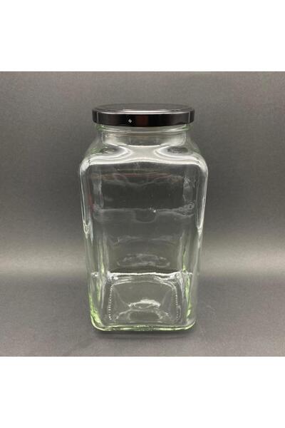 Ahsa Ticaret 3000 Cc Cornered Glass Jar - Black Metal Lid - 3 Liter Glass Square Jar