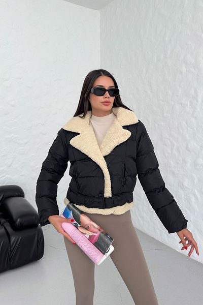 LACHT Df Women's Black Snap-On Waist Belted Fur Inside Biker Coat