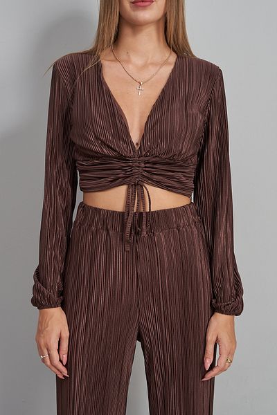 Rabia Çelik Women's Brown Pleated Blouse Trousers Bottom Top Set