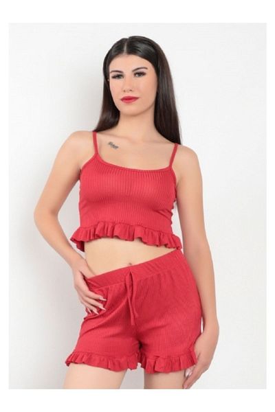 GİYSA Women's Sleepwear Set with Red Rope Strap Shorts and Ruffle Detail - 5950
