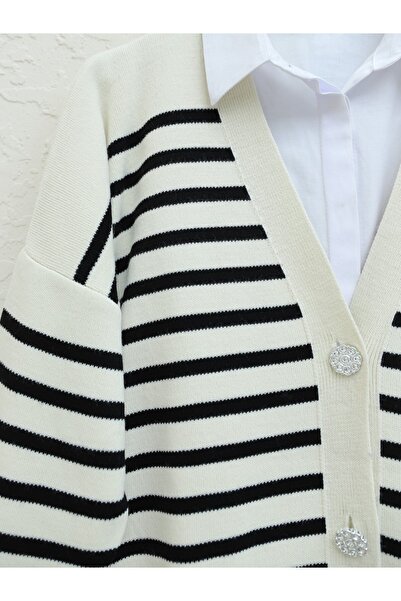 Modamorfo Ζακέτα με διπλή τσέπη ριγέ πλεκτό -Κρεμ