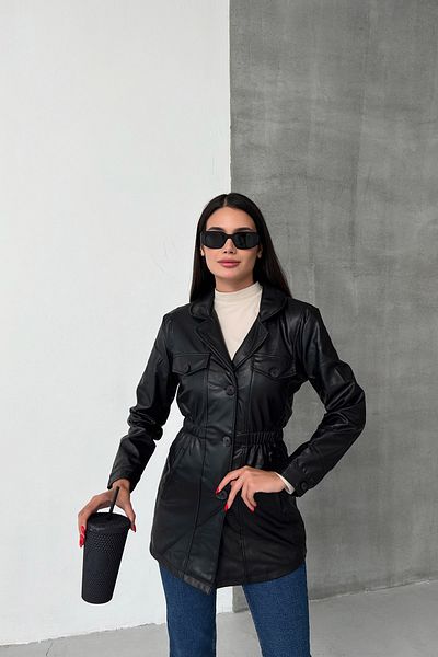 LACHT Df Women's Black Elastic Waist Buttoned Leather Trench Coat