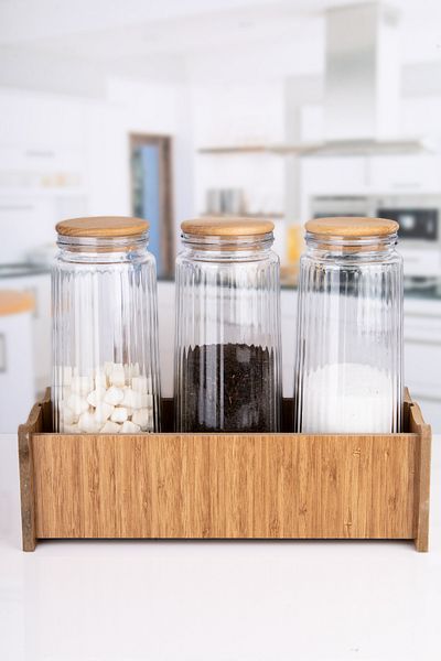 Lizzy 1500 ml Jumbo Size Wooden Vacuum Jar Storage Container - Set of 3 Food Glass