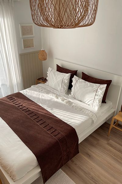 RİTMOHOME Σετ κρεβατιού διπλό σετ κρεβατιού σε ασπρόμαυρο βολάν καφέ βαμβακερό Vintage Hotel Series