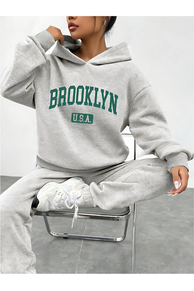 BEETON Brooklyn USA Grey Oversize φούτερ με κουκούλα και σετ φόρμας Jogger - ...