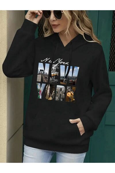 caddekombin New York Printed Hooded Sweatshirt with Pockets