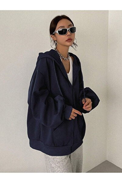 OVER HEAD Women's Navy Blue Hooded Cardigan Jacket