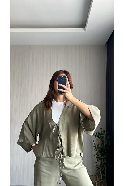 FASİON Khaki Lace-Up Cardigan Set