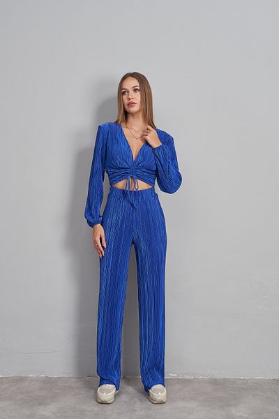 Rabia Çelik Women's Navy Blue Pleated Blouse Trousers Bottom Top Set