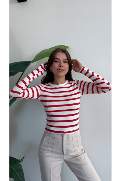 modadagiyim Striped Bicycle Collar Long Sleeve Licral Bluz