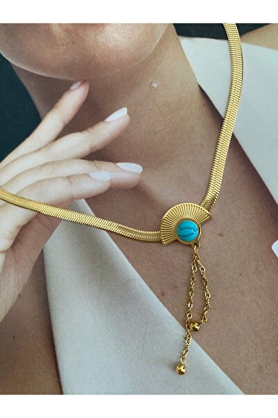 Pinery Jewels Firuze Taşlı Yelpaze Kararmaz Çelik Kadın Gold Kolye