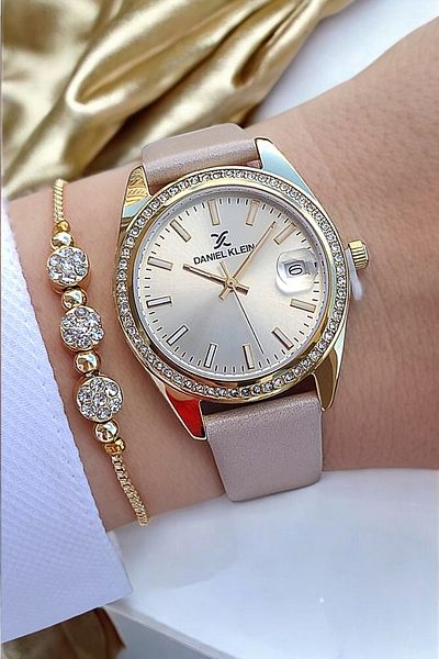 Daniel Klein Cream Leather Strap, Jewelled, Calendar Women's Wrist Watch, Jewelled Bracelet