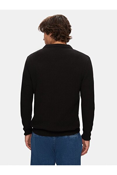 Ltb Triko Gömlek Yaka Yarım Fermuarlı Siyah Kazak