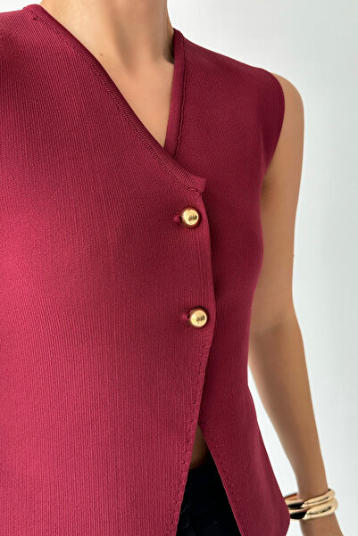 motina Women's Plum V-Neck Gold Buttoned Plain Knit Top Vest