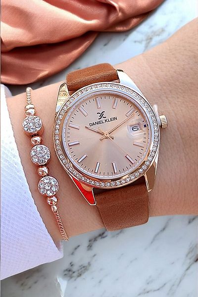 Daniel Klein Tan Leather Women's Wristwatch with Rose Case and Jewelled Calendar - Jewelled Bracelet Gift