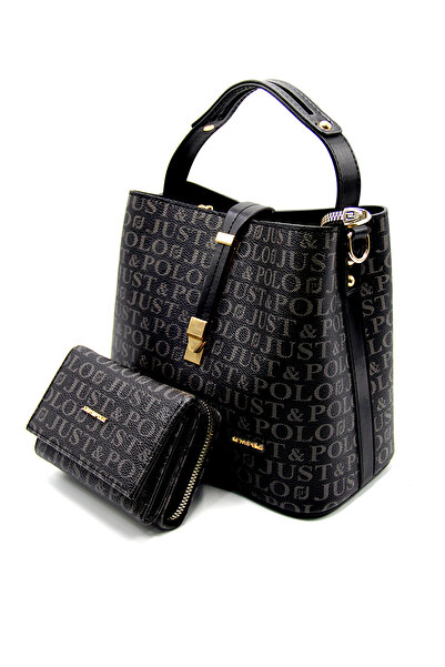 Just Polo Justpolo Kadın Siyah Monogram Baskılı Çanta Cüzdan Kombini Tm1165