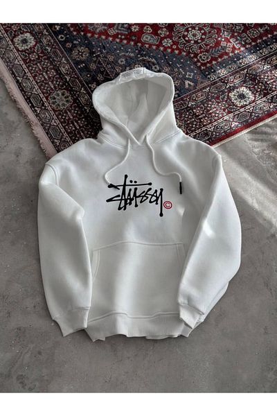 Bıykeç store Biykeç Store Three Thread Hooded Printed Sweatshirt - White