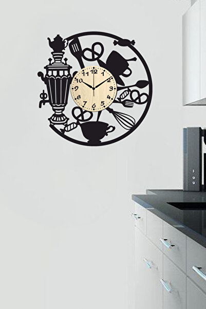 Ensa Design Cafe Duvar Saati Semaver Mutfak Saati- Ahşap Mutfak Duvar Saati 40cm