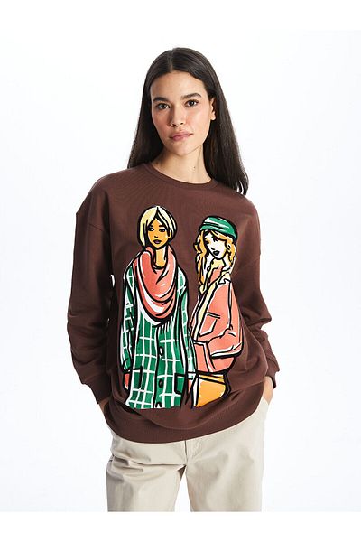 LC Waikiki Oversize dámská mikina LCW Crew s potiskem s dlouhým rukávem