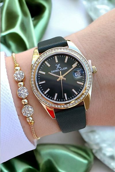 Daniel Klein Women's Green Leather Strap, Jewelled, Calendar Wristwatch, Jewelled Bracelet Gift