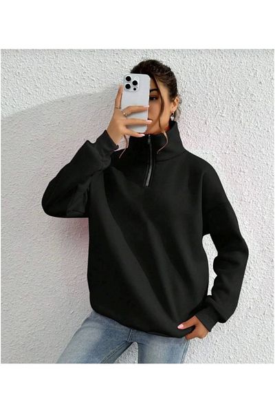 Simala Unisex Μακρυμάνικο Βασικό Φούτερ με μισό γιακά - Μαύρο