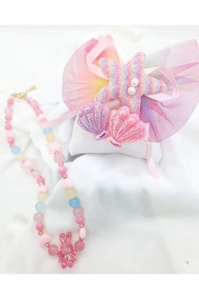 Yağmur ÇOCUK KOLYE TOKA SETİ DENİZ MARİN TEMALI PEMBE RENK DOĞAL TAŞ AYICIKLI...